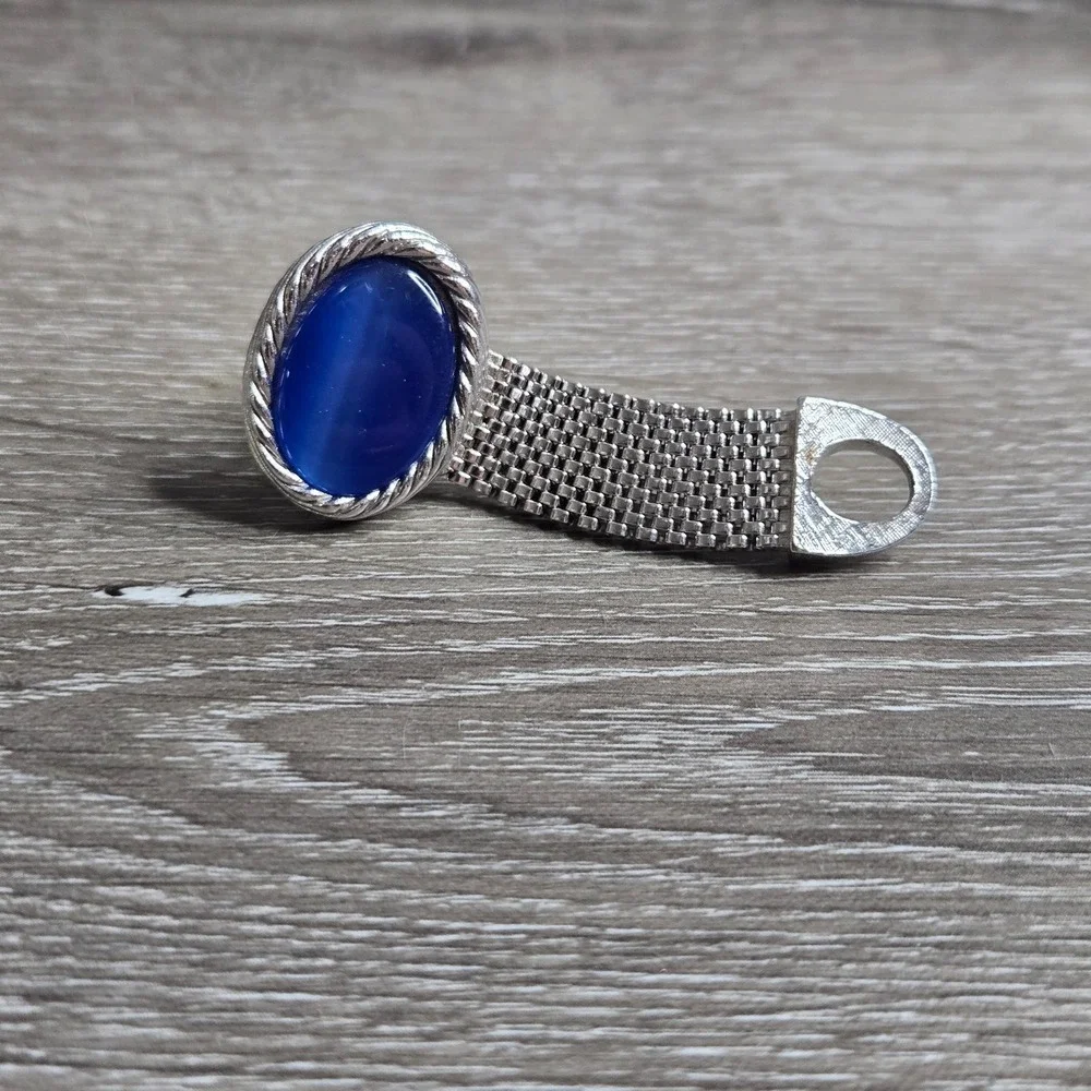 Silver Tone Blue Chatoyant Glass Cufflinks Wrap Around Mesh Toggle Back